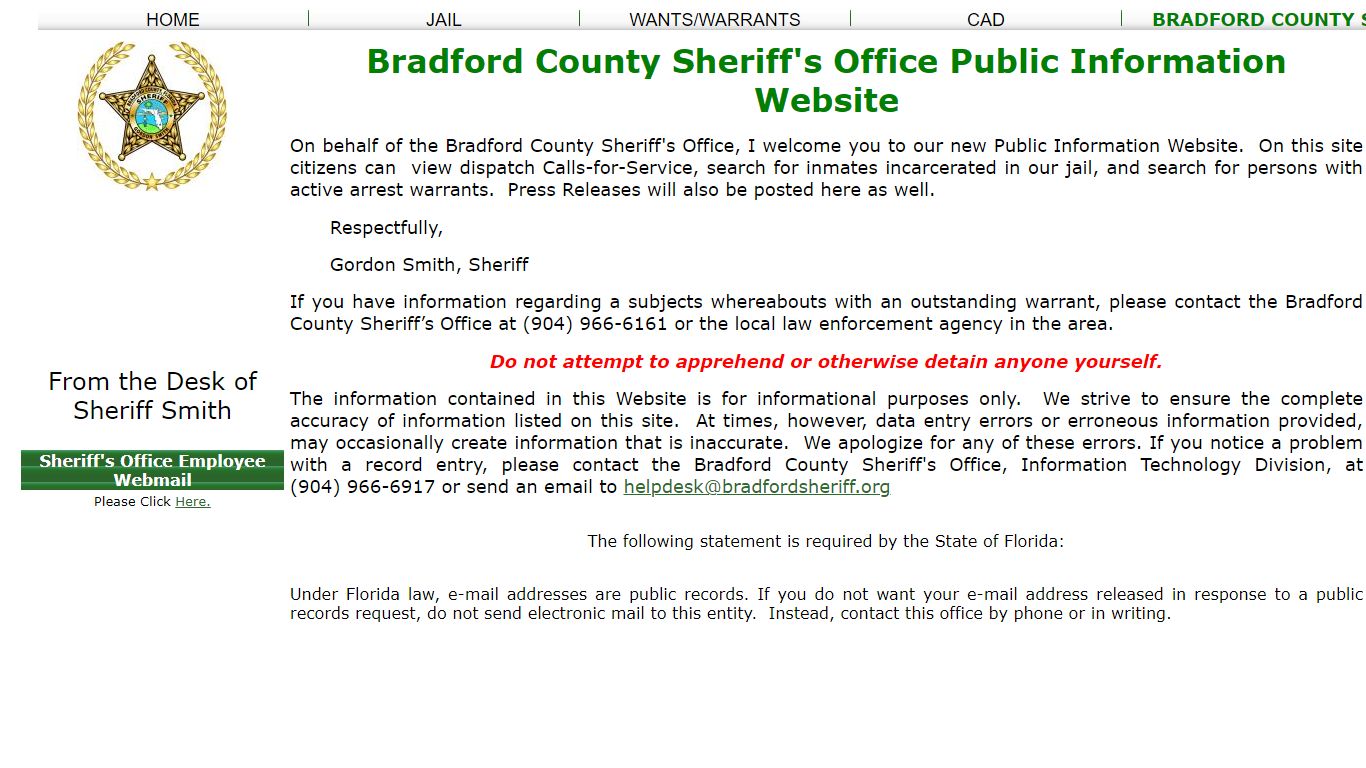 Bradford County Sheriff's Office Public Information Website